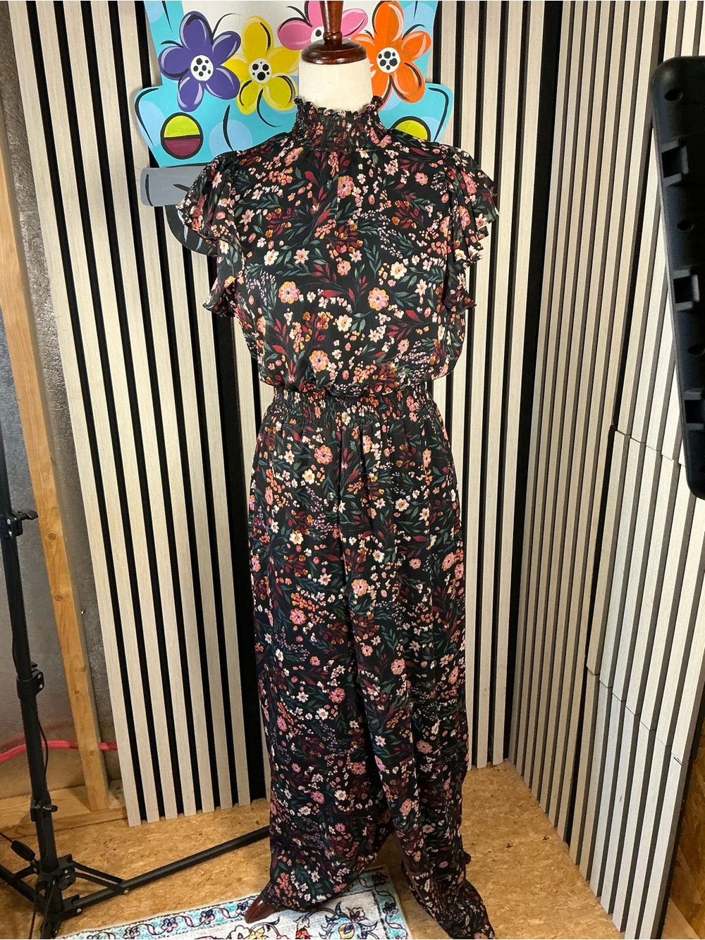Floral High-Neck Black Maxi Jumpsuit, Sz M